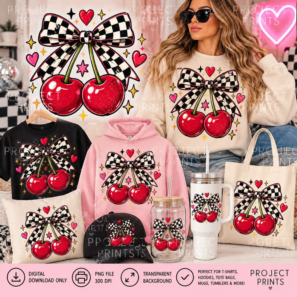 Vintage Cherry & Checkerboard Bow PNG