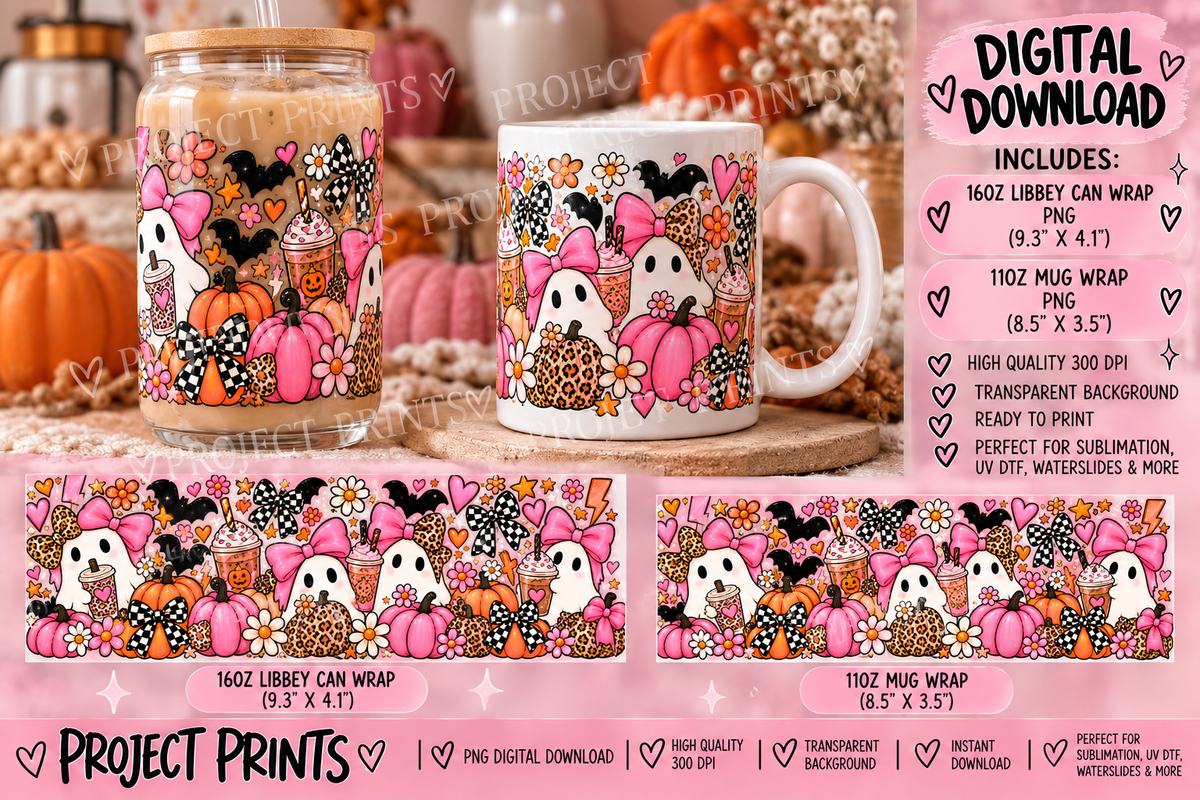 Pink Spooky Season – 16oz Libbey & 11oz Mug Wrap PNG Bundle